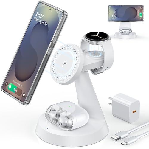 Magnetic Wireless Charger for Samsung, 3 in 1 Charging Station Compatible with MagSafe Samsung Charger for Galaxy S26 Ultra S25 Z Fold7/Flip7, Watch Charger Stand for Galaxy Watch Ultra 8 7, White