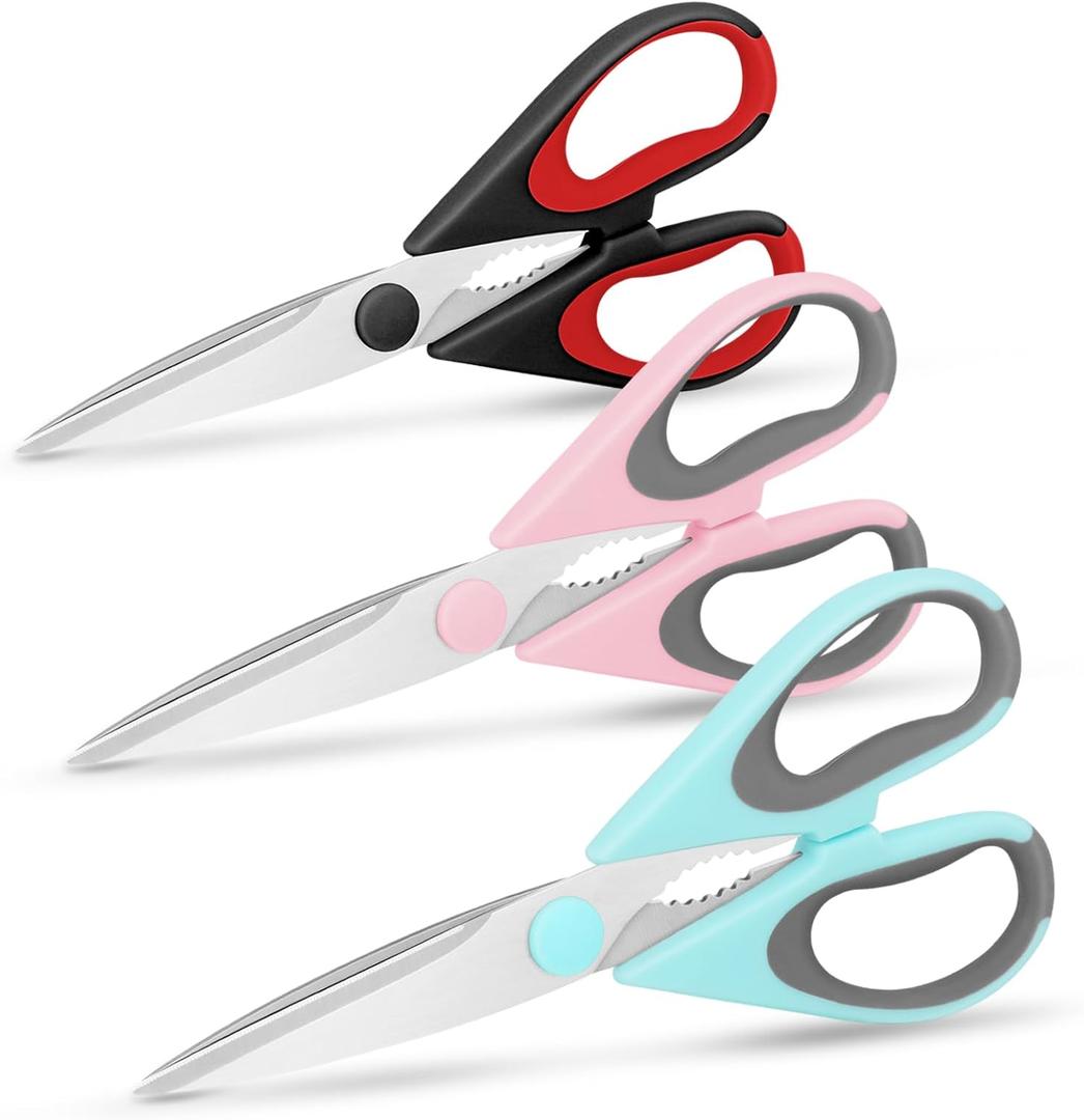 3-Pack Modern Stainless Steel Kitchen Scissors, Soft Grip Handle, Multi-Purpose Heavy Duty, Black, Red, Blue