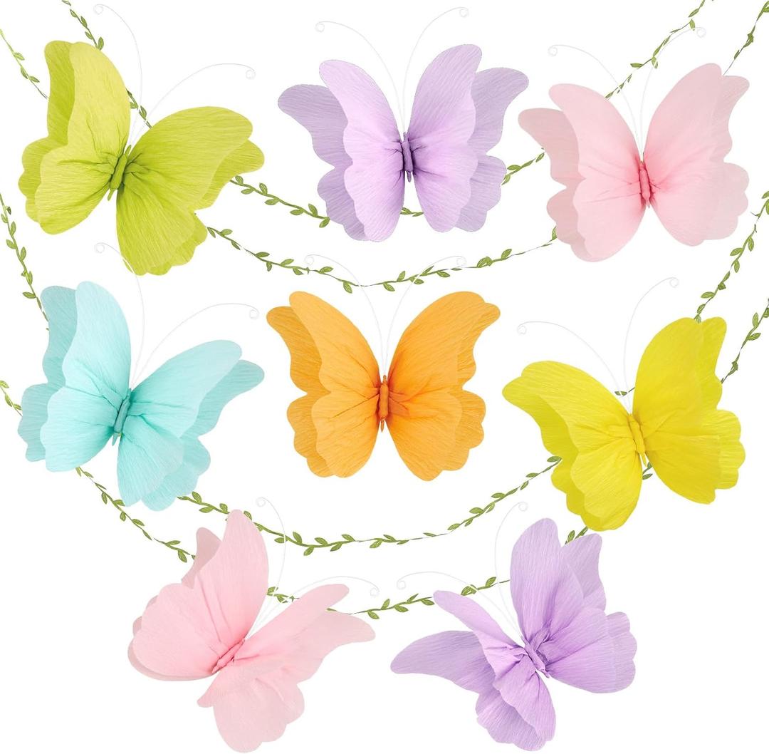 3D Hanging Butterfly Decorations, Colorful Butterfly Birthday Party Decorations, 8 Pcs Paper Butterfly Hanging Decorations with Green Leaf Strings for Girls, Women, Flower Garden Party Decor (Pink Purple)