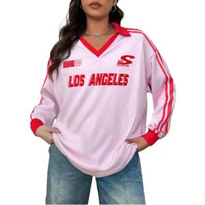 Jersey Shirts for Women Y2k Graphic Number Shirt Football Jersey Top V Neck Streetwear Long Sleeve Tops (Pink, S)
