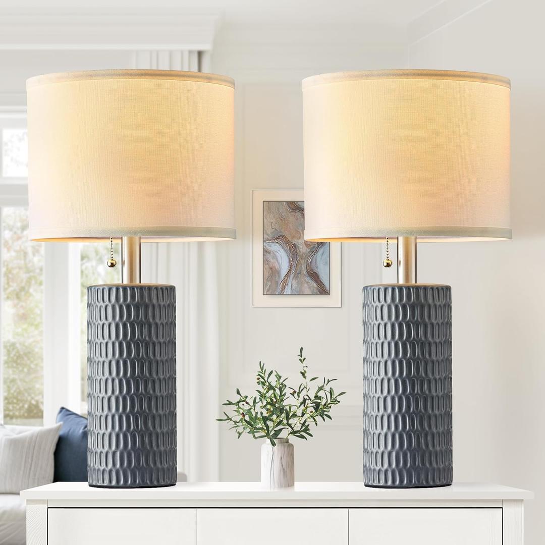 Table Lamps for Living Room Set of 2, Ceramic Table Lamps for Bedroom, 20" Modern Lamps for Night Stands, Grey