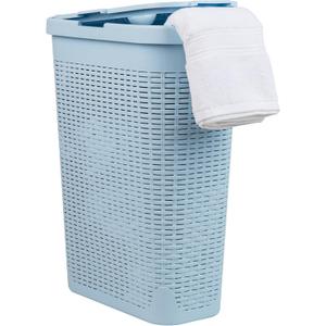 Mind Reader Slim Laundry Hamper with Lid, 40L Clothes Basket, Narrow Tapered Design with Ventilated Cutout Pattern, Plastic, Baby Blue, Single