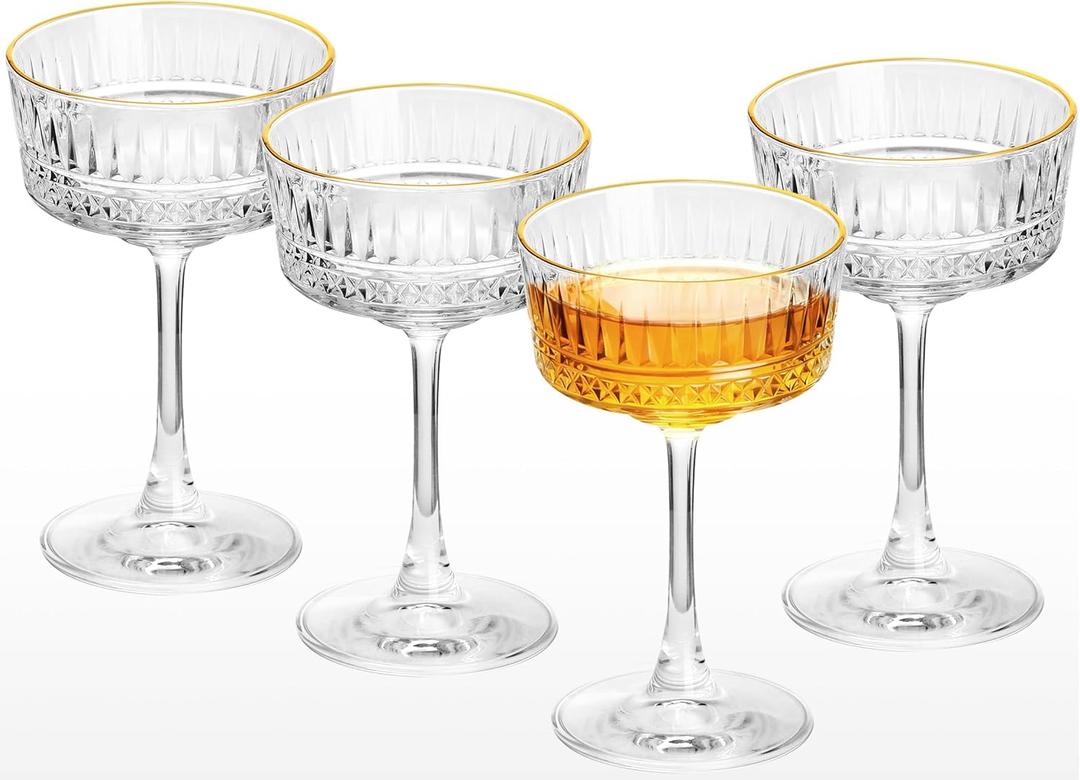 Coupe Glasses, Gold Rim Martini Coupe Glasses Set of 4, 8 oz Classic Cocktail Glassware - Champagne, Manhattan, Cosmopolitan, Crystal Goblets, Vintage Art Deco Luxury