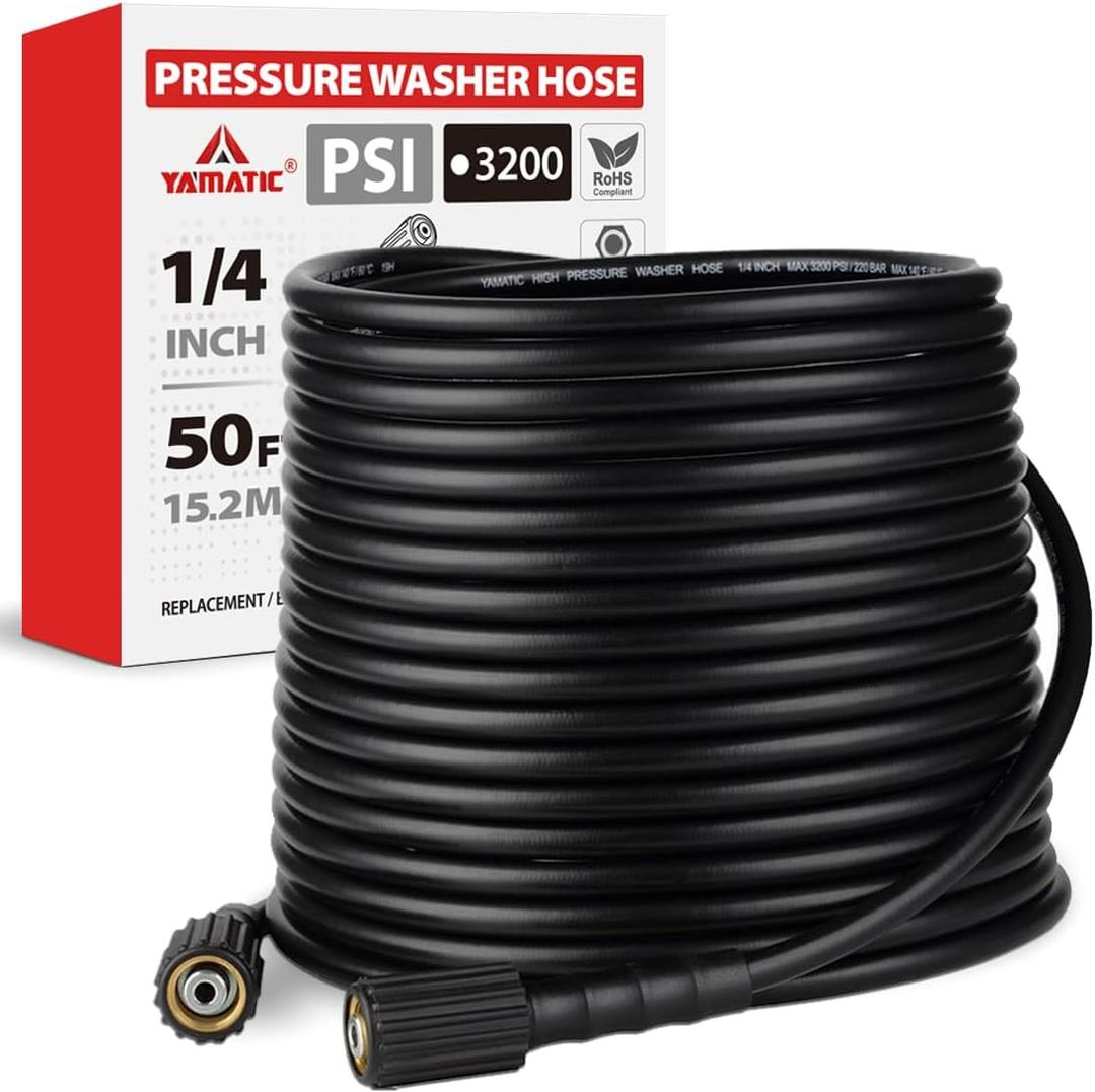 YAMATIC Pressure Washer Hose 50FT 1/4" ID, Standard (2) M22 Brass Fittings, 3200 PSI Kink-Resistant Replacement for Ryobi, Troy Bilt, Greenworks, CRAFTSMAN M22 Threads Power Washers