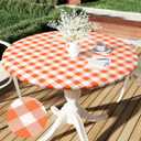 Smiry Round Picnic Tablecloth, Elastic Waterproof Fitted Vinyl Tablecloths for 57"-68" Tables, Flannel Backed Buffalo Plaid Table Cover for Dining, Camping, Outdoor, Thanksgiving, White and Orange