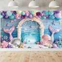 Litter Mermaid Backdrop Underwater Background - Under the Sea Mermaid Princess Backdrop for Girl Birthday with Balloon Starfish Pearl Shells Diamonds Banner Photo Shoot Birthday Party Decor 71x43 Inch