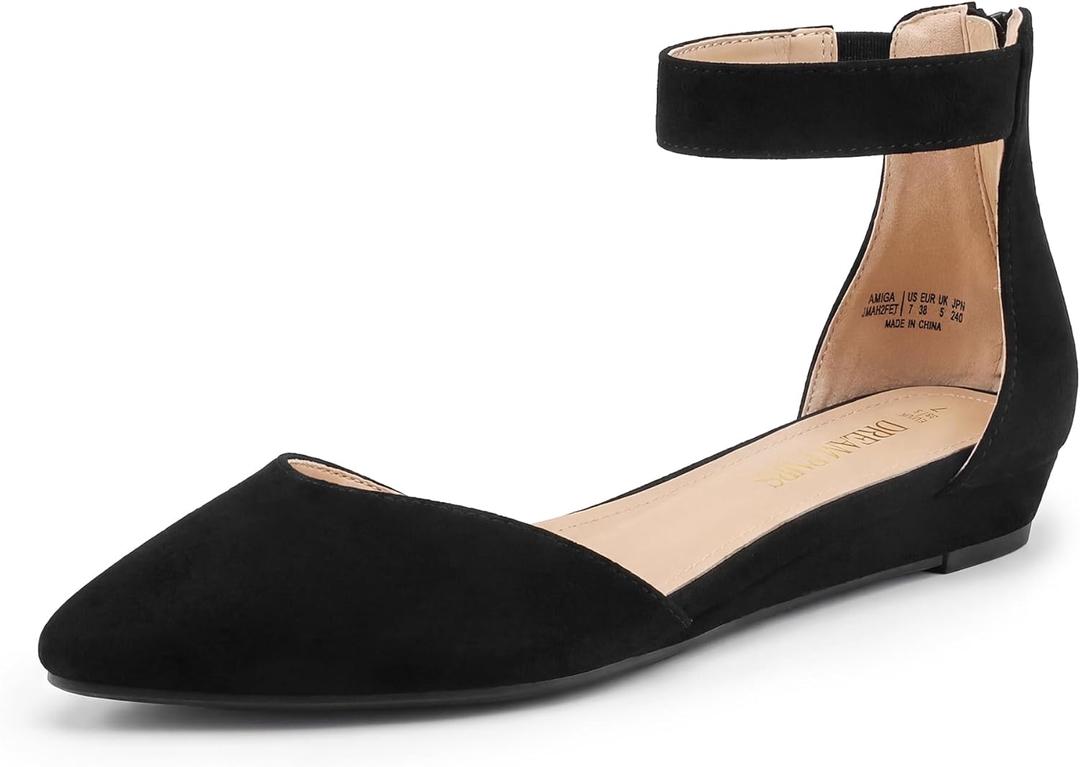 DREAM PAIRS Women's Low Wedge Pointed Toe Ankle Strap Dress Comfortable Casual Flats Shoes (7.5, Black/Nubuck)