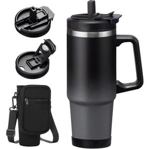 30 OZ Stainless-steel Tumblers with Lid and Straw - Travel Coffee Tumbler Mug with Handle, Silicone Boot & Bottle Strap Sleeve, Insulated Water Bottles that Fits in Cup Holder, Keep Cold 36h/Hot 12h (Black&Grey)