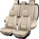 Leather Car Seat Covers Full Set Breathable Automotive Seat Covers Waterproof Seat Protectors Universal Fit for Most Automotive Cars SUV Trucks(Beige, Full Set)