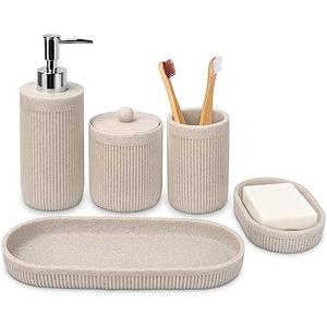 Bathroom Accessory Set 5Pcs- Lotion Soap Dispenser,Toothbrush Holder,Qtip Holder Dispenser,Vanity Tray and Soap Dish-Modern Bathroom Decor Vanity Countertop Organizer,Beige