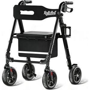 Walkers for Seniors Taller 5.3~7ft, Lightweight Foldable Rollator Walker, Built in Cable, Reinforced Aluminum Frame, 8" Big Rubber Wheels for All Terrain, 350lb Weight Capacity, Black