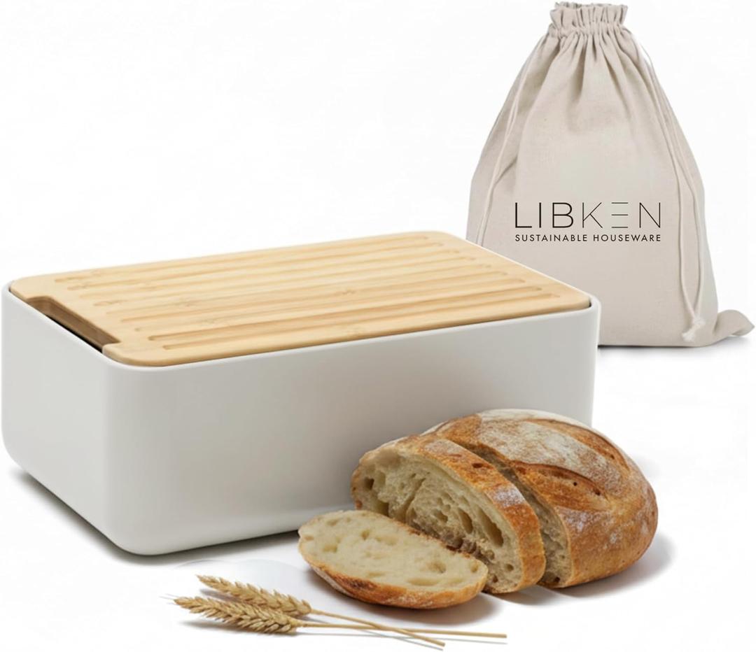 LIBKEN Bread Box  Extra Thick Steel Bin with Bamboo Cutting Board Lid & Drawstring Bag - Modern Scandinavian Metal Box for Kitchen Countertop, Sourdough & Homemade Bread - Warm Grey