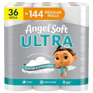 Angel Soft Ultra Toilet Paper, 36 Mega Rolls = 144 Regular Rolls, 2 Ply Toilet Tissue