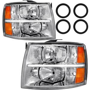 Headlight Fit For 07-13 Silverado 2007 2008 2009 2010 2011 2012 2013 Chevy Silverado 1500 / 2500HD / 3500HD & 2014 Old Body Style Driver And Passenger Side (Chrome Housing Amber Reflector)