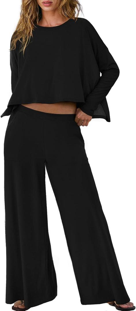 Panadila Womens Oversized Lounge Sets 2 Piece Matching Pajama Sets Long Sleeve Crop Top and Wide Leg Pants with Pockets (Black, L)