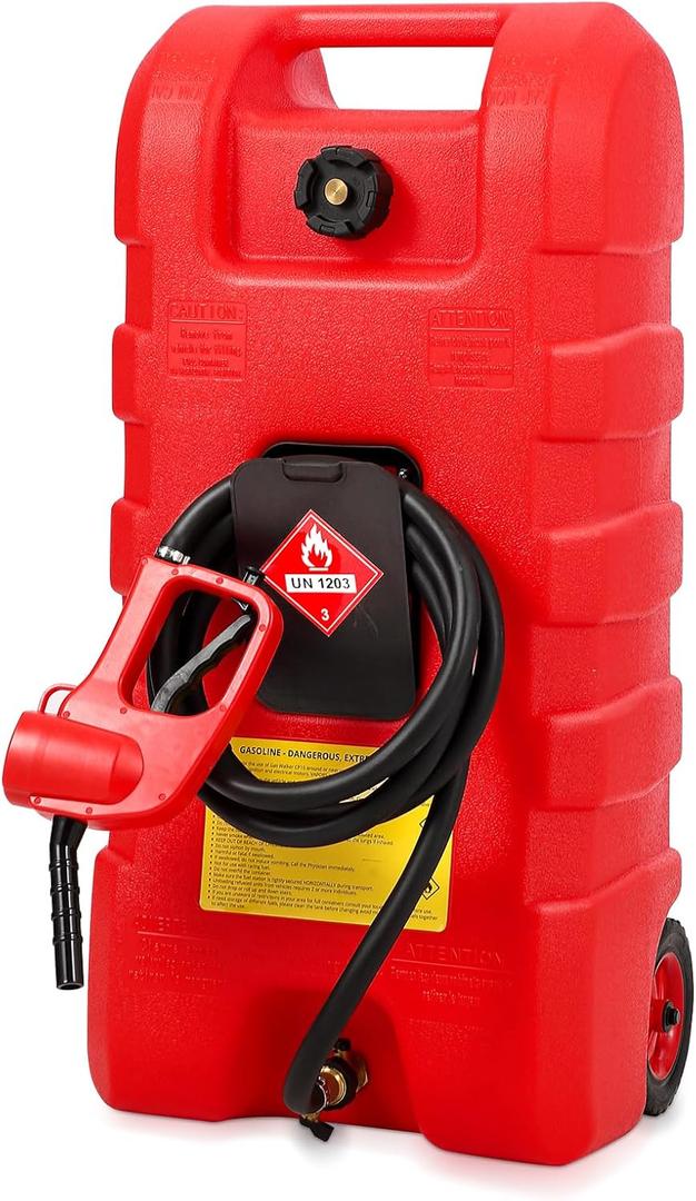15 Gallon Gas Can, Fuel Tank Container with LE Fluid Transfer Manual Siphon Pump & 10FT Hose, Portable Diesel Gas Storage Caddy with Wheels for Car, ATV, Weeder, Boat, etc., Red 15 Gallon Gas Can, Fuel Tank Container with LE Fluid Transfer Manual Siphon Pump & 10FT Hose, Portable Diesel Gas Storage Caddy with Wheels for Car, ATV, Weeder, Boat, etc., Red