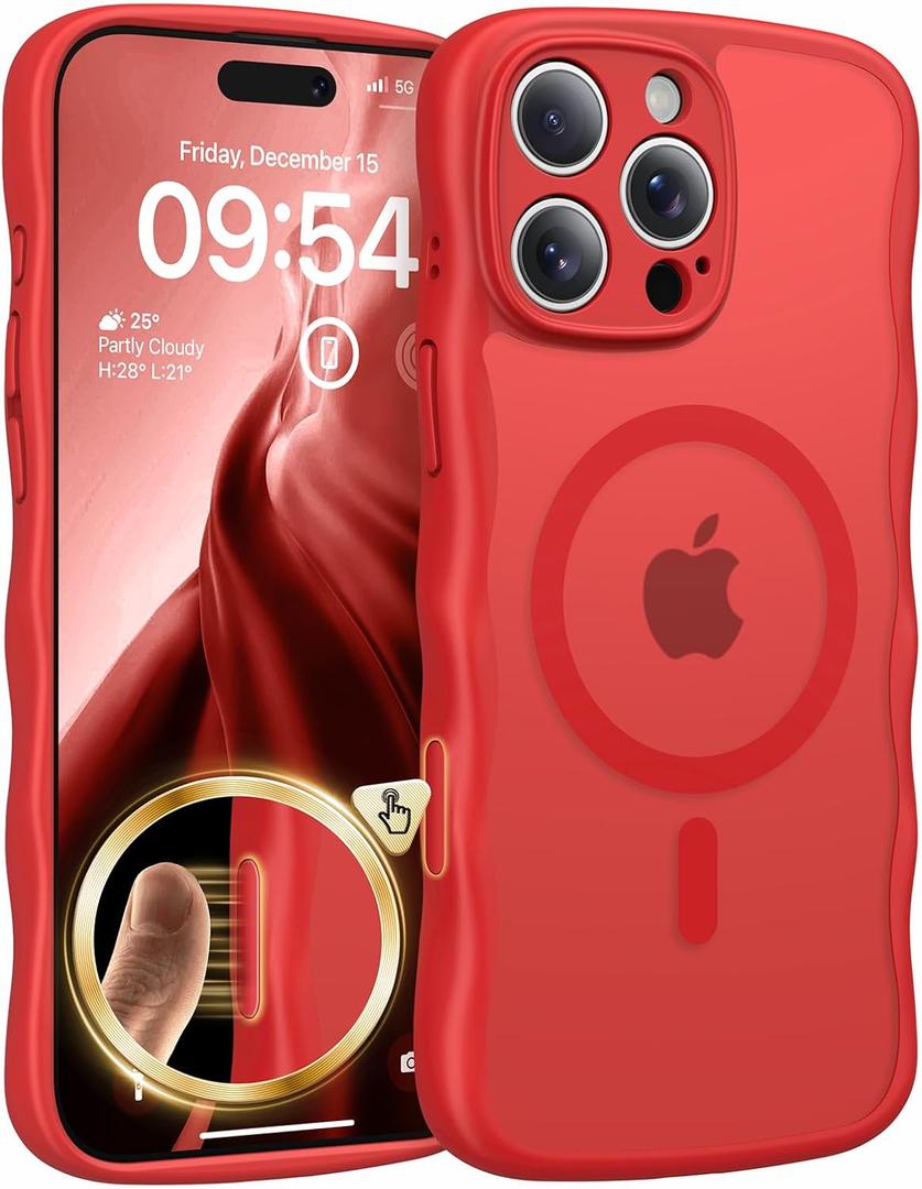 TAURI Magnetic for iPhone 16 Pro Case, Cute Wavy Design [Full Camera Protection] [Compatible with Magsafe] Anti-Slip Translucent Matte Case for iPhone 16 Pro for Women Girls, Bright Red