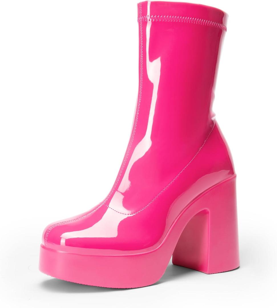 DREAM PAIRS Women's Platform Gogo Ankle Boots High Chunky Block Heel Square Toe Booties Shoes (6, Hot Pink-pat)