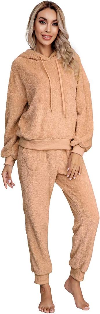 SIAEAMRG Women's Fuzzy Sherpa Fleece Pajamas Set, Long Sleeve Hoodies Pajama Pants 2 Piece Outfits Loungewear Sleepwear (Large, Camel)