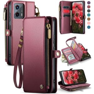 Defencase Compatible with Moto G 5G 2024 Case, RFID Blocking Wallet Case for Motorola Moto G 5G 2024 Fashion PU Leather Flip Strap Zipper Card Holder Phone Case for Women, Burgundy