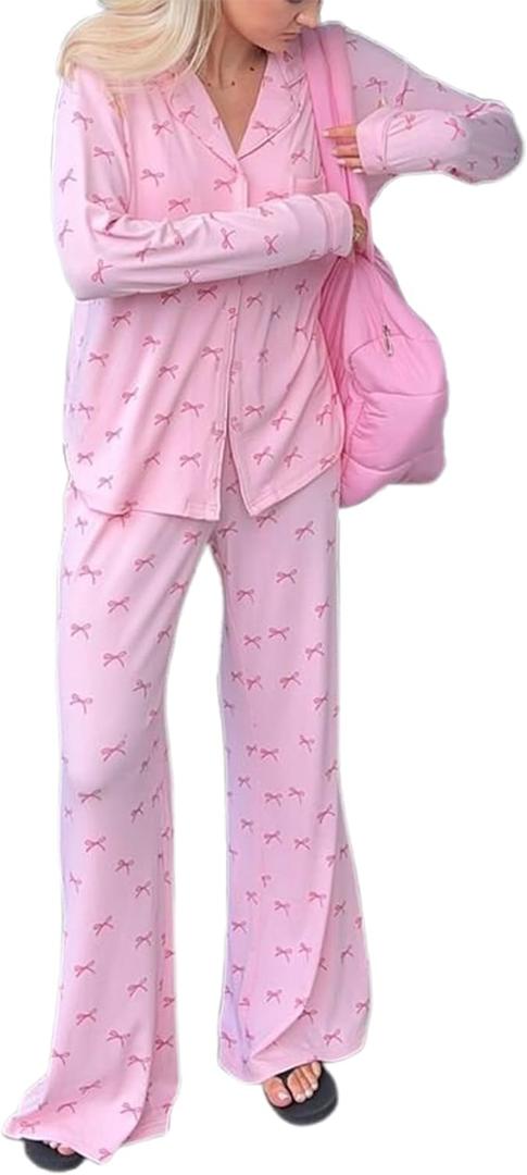 Women Bow Pajamas Long Sleeve Button Down Shirt Top Loose Pants Holiday Sleepwear Cute 2 Piece Sets (Large, Pink)