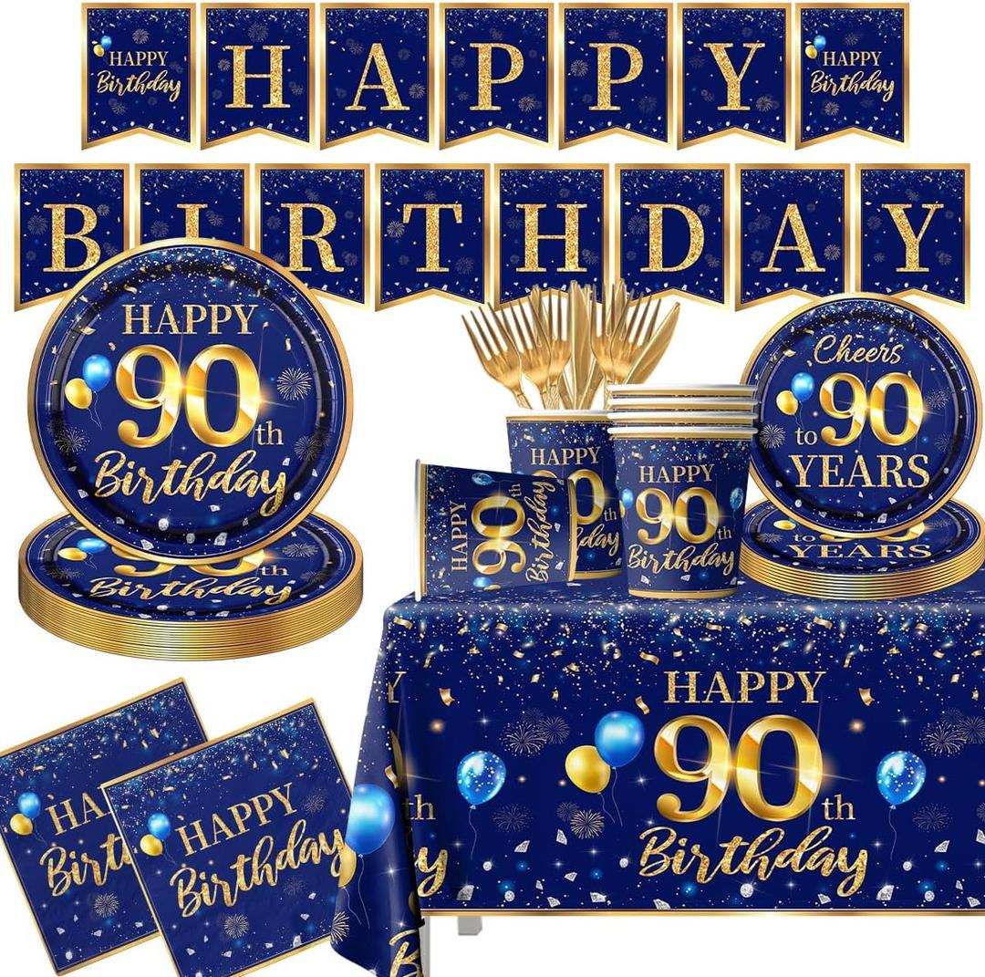 90th Birthday Decoration Men-142pcs Navy Blue and Gold Birthday Tableware Set(Serve for 20) Include Happy 90th Birthday Banner Plates Cups Napkins Tablecloth for Men 90th Birthday Party Supplies (90)