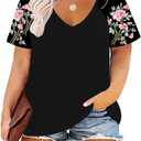 TIYOMI Plus Size Tops for Women Short Sleeve Color Block Raglan Sexy V Neck Shirts Tunic Spring Summer XL-5XL 14W-28W (XX-Large, #6_t Black _ Pink Floral)