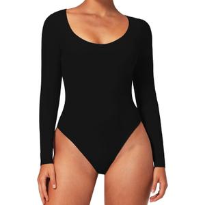 Sunzel Women's Long Sleeve Bodysuits Double Lined Thong Body Suit Shirt Scoop Neck Going Out Tops Casual Tight Leotards (Large, Black)