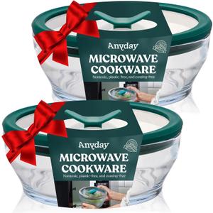 Anyday 2-Pack (2-Cup) Glass Food Storage Set with Glass Lids | Plastic-Free Meal Prep Set | Stackable Airtight Storage Container Set with Vented Lid for Microwave-Safe Reheating (Clear - Kale)