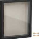 SONGMICS 11x14 Shadow Box Frame, Deep Box Frame with Top Slot and Push Pins, Wood Picture Display Case for Savings, Linen Fabric Backing for DIY Craft, Glass Front, Black, Gift URPF009B01