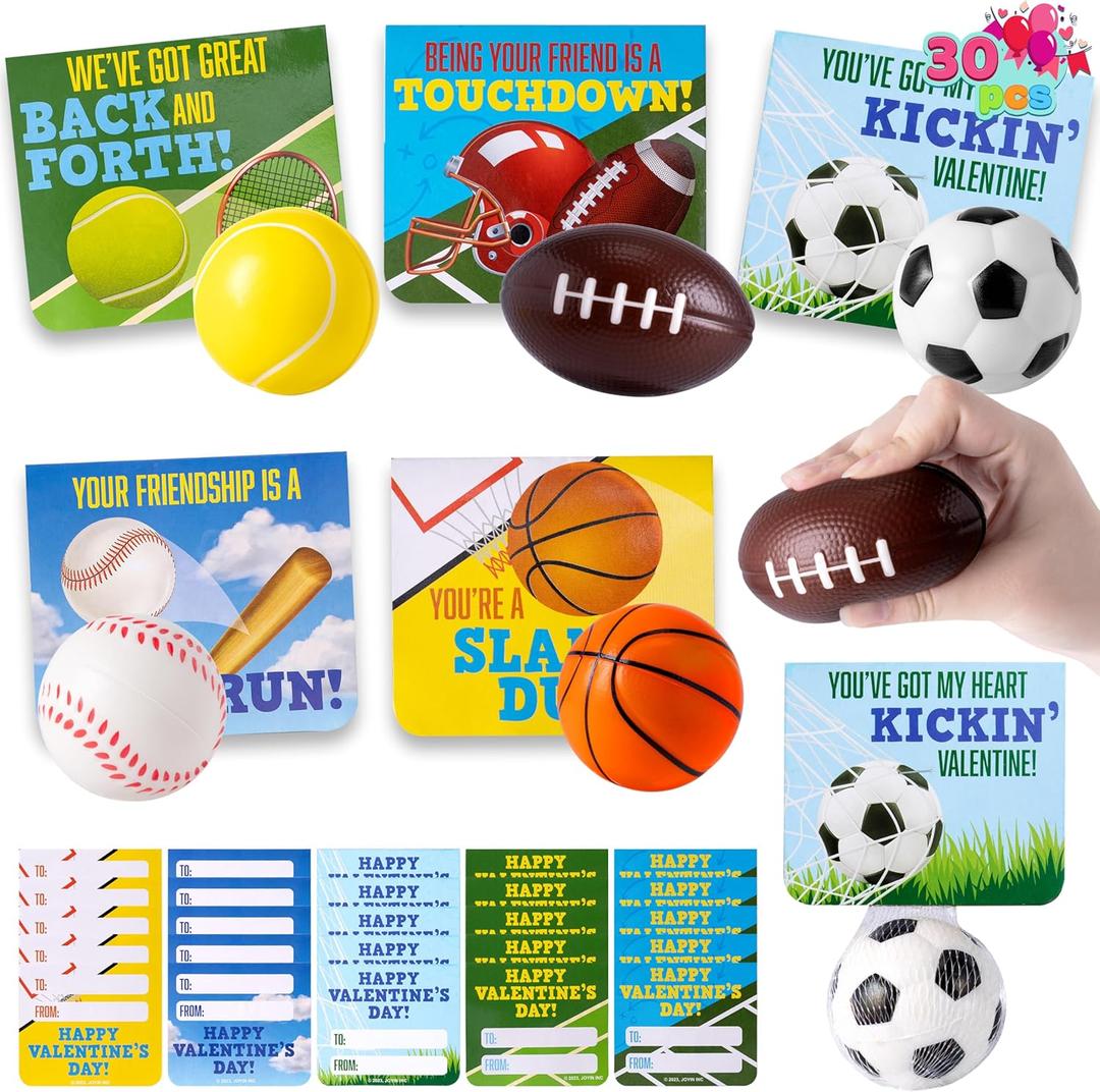 JOYIN 30 Packs Valentines Day Sport PU Balls with Gift Card, Mini Sports Ball Squeeze Foam for Classroom Exchange Gift for Kids, Holiday Party Favor Toys, Reward Prizes, Stress and Anxiety Relief