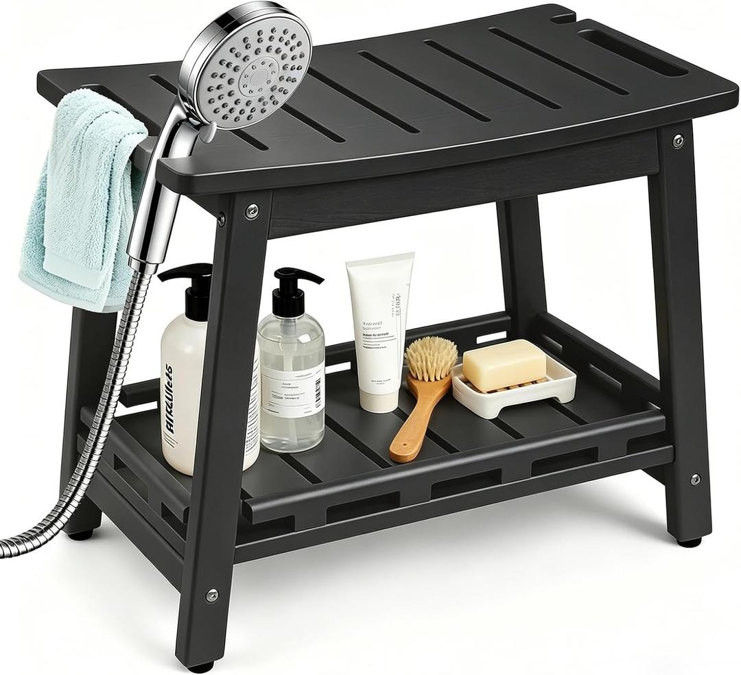Large HDPE Shower Bench Seat for Shaving Legs, Waterproof Shower Stool with Storage Shelf for Bathroom, Black, 20.8*12.6*17.3in