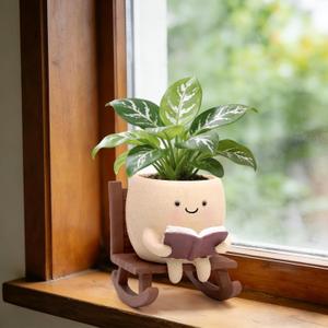Rocking Chair Book Planter, Cute Smiley Face Succulent Plant Pots for Indoor Outdoor Plants, Unique Funny Flower Pots with Drainage Hole, Plant Gifts for Mother's Day, Birthday, Christmas