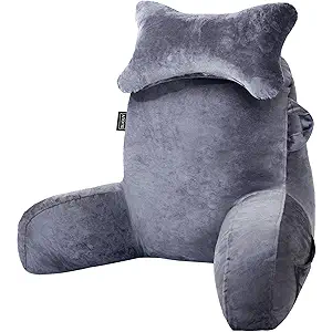 SLIGUY Reading Pillow for Sitting in Bed Couch Adult, Back Pillow with arm Support and Pockets, Adult Back Pillow Bed Chair for Bed Rest, Reading, Watching TV, Gaming for Boys and Girls Dark Grey