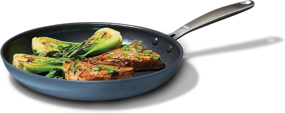 OXO Enhanced 12 Nonstick Frying Pan Skillet, Ceramic PFAS-Free Cookware, Durable Hard Anodized, Scratch Resistant, Stainless Steel Handle, Eggs & Omelets, Dishwasher & Oven Safe, Storm Blue