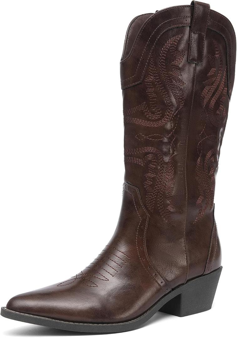 NEWBELLA Women's Western Cowboy Boots - Embroidered Fringe Pointed Toe Cowgirl Boots Chunky Heel Mid Calf Boots with Side Zip, 10