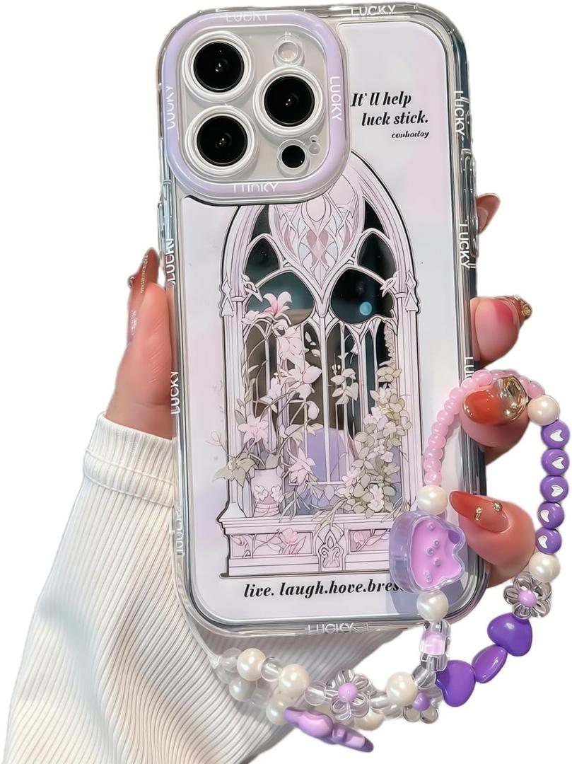 for iPhone 11 Case, [Light Purple Floral Window Pattern][Shiny Mirror Case][2-in-1 with Beaded Wrist Strap] Soft TPU Frame, Shockproof and Anti-Shock, Suitable for Women & Girls