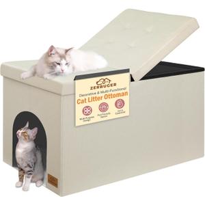Cat Litter Box Enclosure Furniture for Odor Control, Hidden Cabinet Cats Litter Ottoman with Flip-Up Lid,Cat Litter Box Bench with Storage Space, Dog Proof (Cream, Large)
