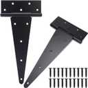 12 Inch T-Strap Gate Hinges, Shed Barn Door Hinges Heavy Duty, Black Tee Hinges for Wooden Fences, Yard Gate, Wrought Hardware Iron Rustproof (2 Pack/Set)