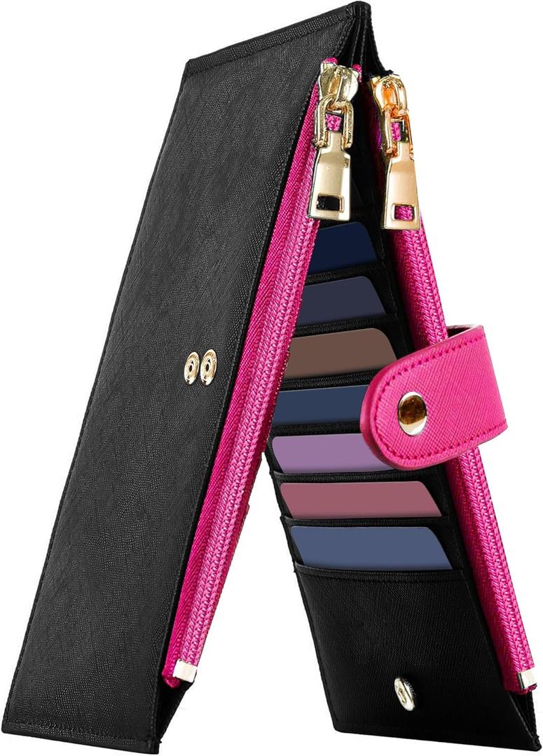 Travelambo RFID Wallet Women Bifold Multi Card Wallet Case with Zipper Pocke Credit Card Holder for Women (Black & Rose Red)