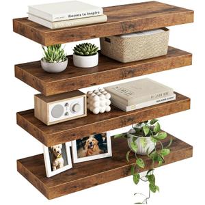 Fixwal Wood Floating Shelves, Wall Shelves Set of 4, Shelves for Wall Decor, with Invisible Brackets for Bathroom, Living Room,Bedroom and Kitchen(Rustic Brown) | Wall Shelves, for Bathroom, Living Room, Bedroom, Kitchen