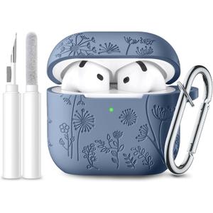 Lerobo for Airpods 4th Generation Case Cover with Cleaner Kit, Cute Flower Engraved Silicone Protective Case Cover with Keychain Compatible with Apple Airpods 4 Case 2024, Blue Gray