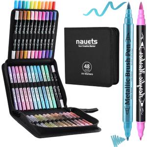 nauets 48 Pack Metallic & Acrylic Paint Markers Set - 24 Colors Acrylic + 24 Metallic Markers, Dual Tip Paint Pens with Brush/Fine Tip for Paper, Rock, Wood, Canvas, Glass, Ceramic DIY Crafts
