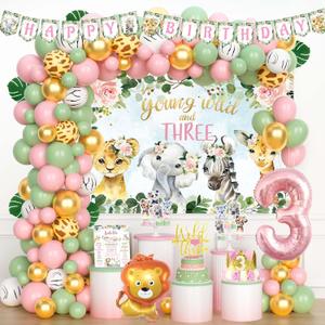 Young Wild and Three Decorations Girl, Jungle Safari Animal Theme 3rd Party Decorations Backdrop Balloons Banner Cake Cupcake Topper Poster Crown Lion Cheetah Giraffe Pink 117 PCs