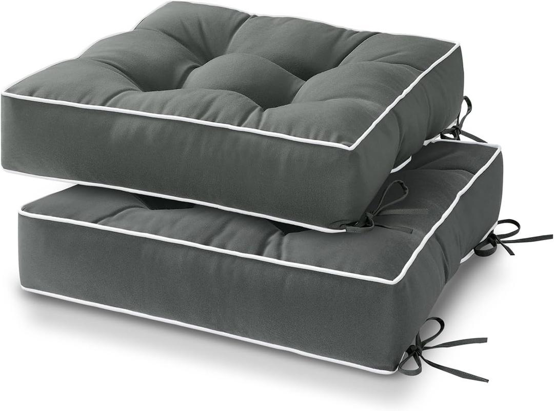 HARBOREST Outdoor Chair Cushions Set of 2, Tufted Patio Chair Cushions with Ties, Square Corner Outdoor Cushions for Patio Furniture, Lawn Chairs, Wicker Chairs, 19" x 19" x 5", Grey