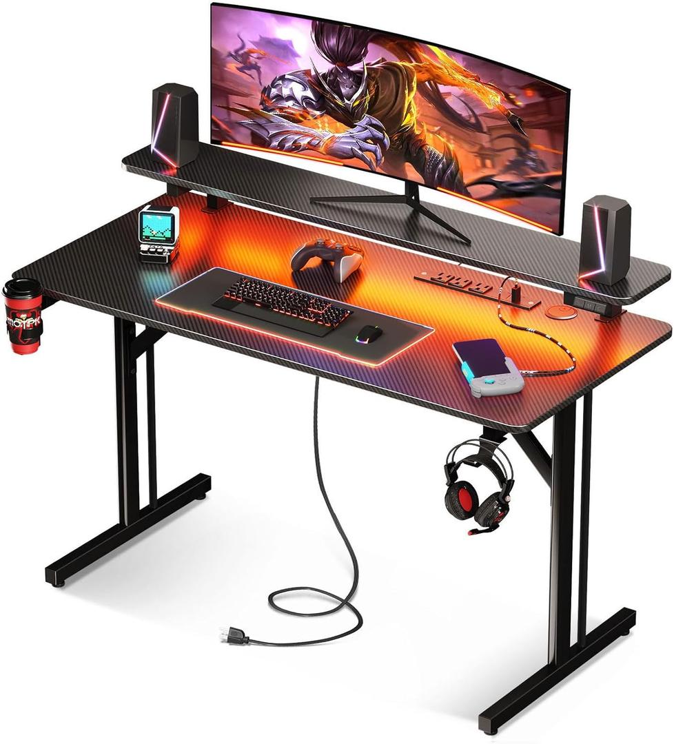 MOTPK 39 Inch Small Gaming Desk with LED Lights & Power Outlets, Computer Desk Gaming Table with Monitor Shelf, Gamer Desk with Carbon Fiber Texture, Kids Boys Desk Gift for Men (Black)