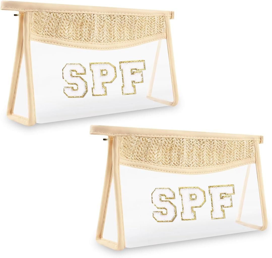 Iqimott 2Pcs Boho Patch SPF Bag Clear Makeup Letter Bag, Waterproof Zipper Make up Bags Toiletry Pouch for Women Girls, Clear Letter Patch Cosmetic Bags Transparent Organizer Pouch for Travel(SPF)