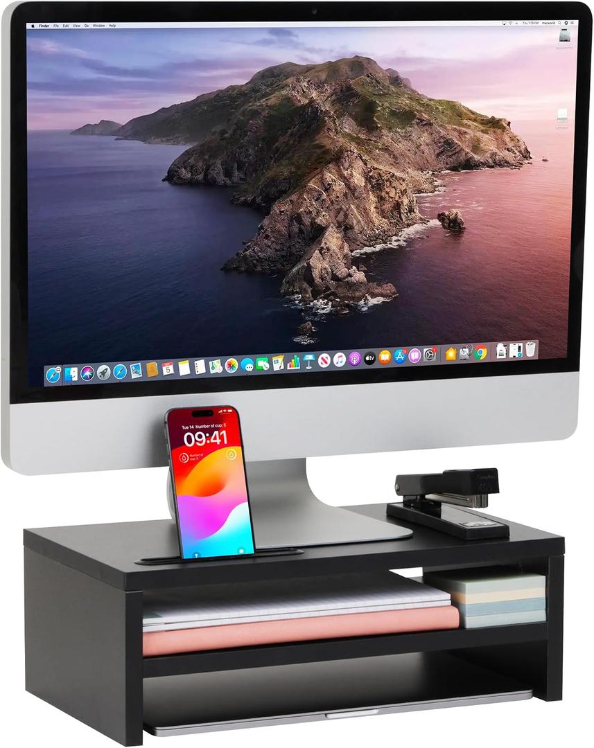 Mind Reader Monitor Stand with Phone Slot and Storage Shelf, Desktop Riser, 88 lb Capacity, MDF Wood, Black