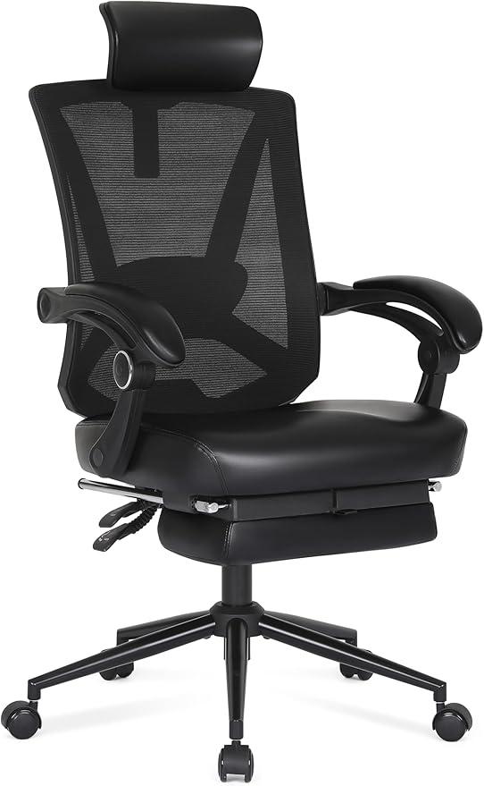 Misolant Ergonomic Office Chair with Footrest, Ergonomic Desk Chair with Adjustable 2D Lumbar Support, High Back Computer Chair with Adjustable Headrest, Comfortable Leather Office Chairs -Black