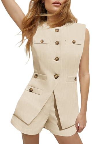 Tankaneo Womens 2 Piece Outfits Casual Suit Sets Sleeveless Button Down Blazer Vest Shorts Office Business Matching Set, Apricot, Large